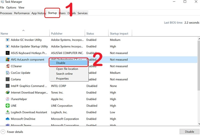 Giao diện Task Manager với một ứng dụng được chọn và nút Disable được đánh dấu
